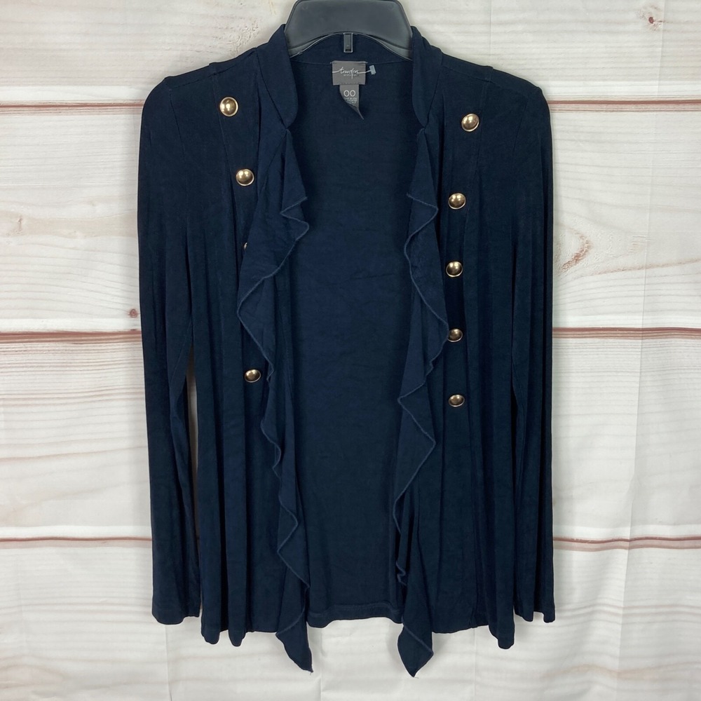 Chicos Travelers Jacket Womens 00 XS Blue‎ Ruffle Open Front Button Trim Solid